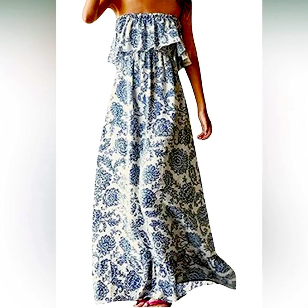 Yidarton strapless maxi dress. Blue & White. Size Medium.